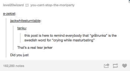 document - level20wizard youcantstopthemoriparty ezekiel jackwhitesturntable tanku this post is here to remind everybody that "grtrunka" is the swedish word for "crying while masturbating" That's a real tearjerker Did you just 162,290 notes