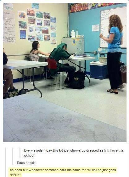 legend of zelda tumblr post - Every single friday this kid just shows up dressed as link I love this school Does he talk he does but whenever someone calls his name for roll call he just goes "Heuh