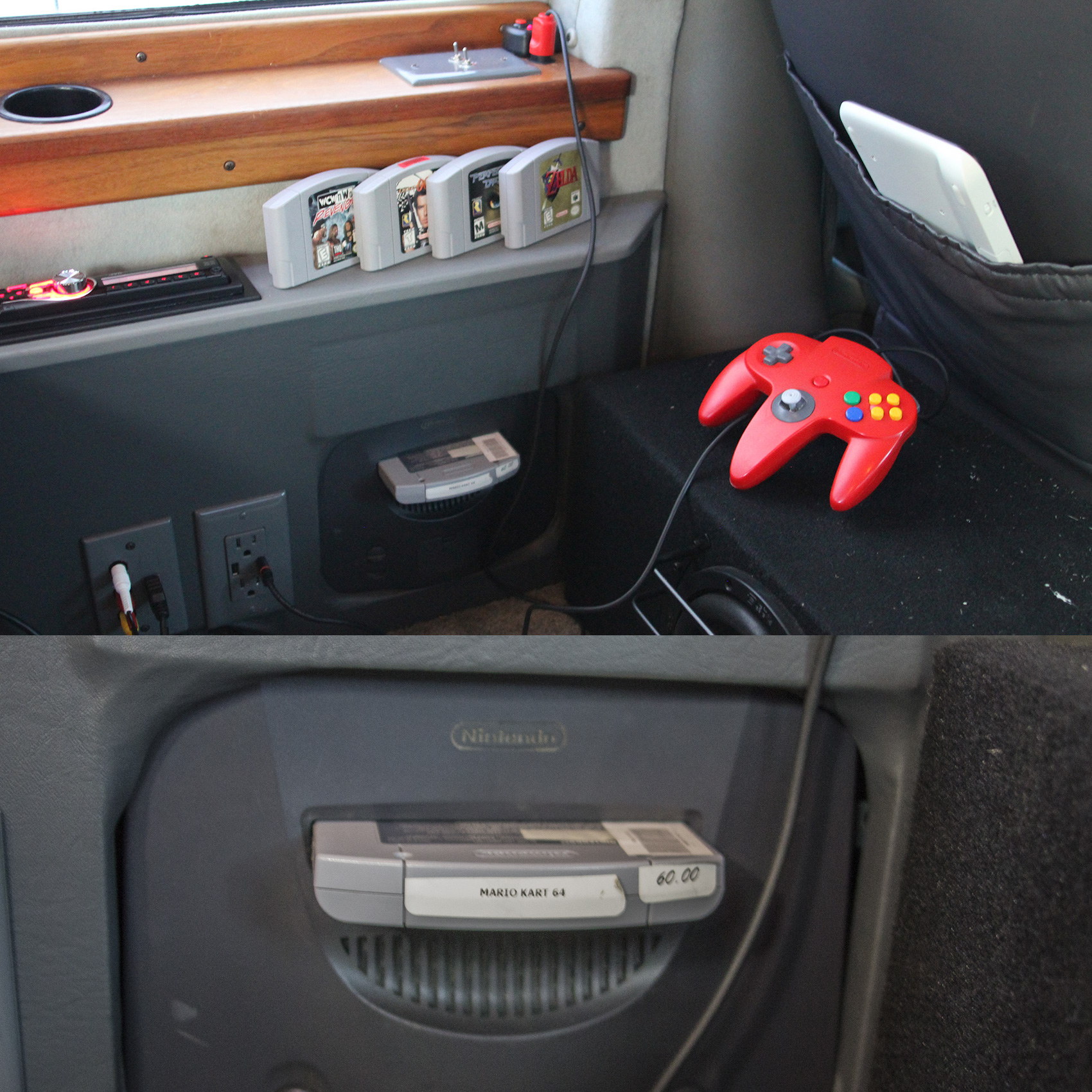It has a large tv in the back, and two smaller ones up front and it has a Nintendo 64 integrated inside the wall.