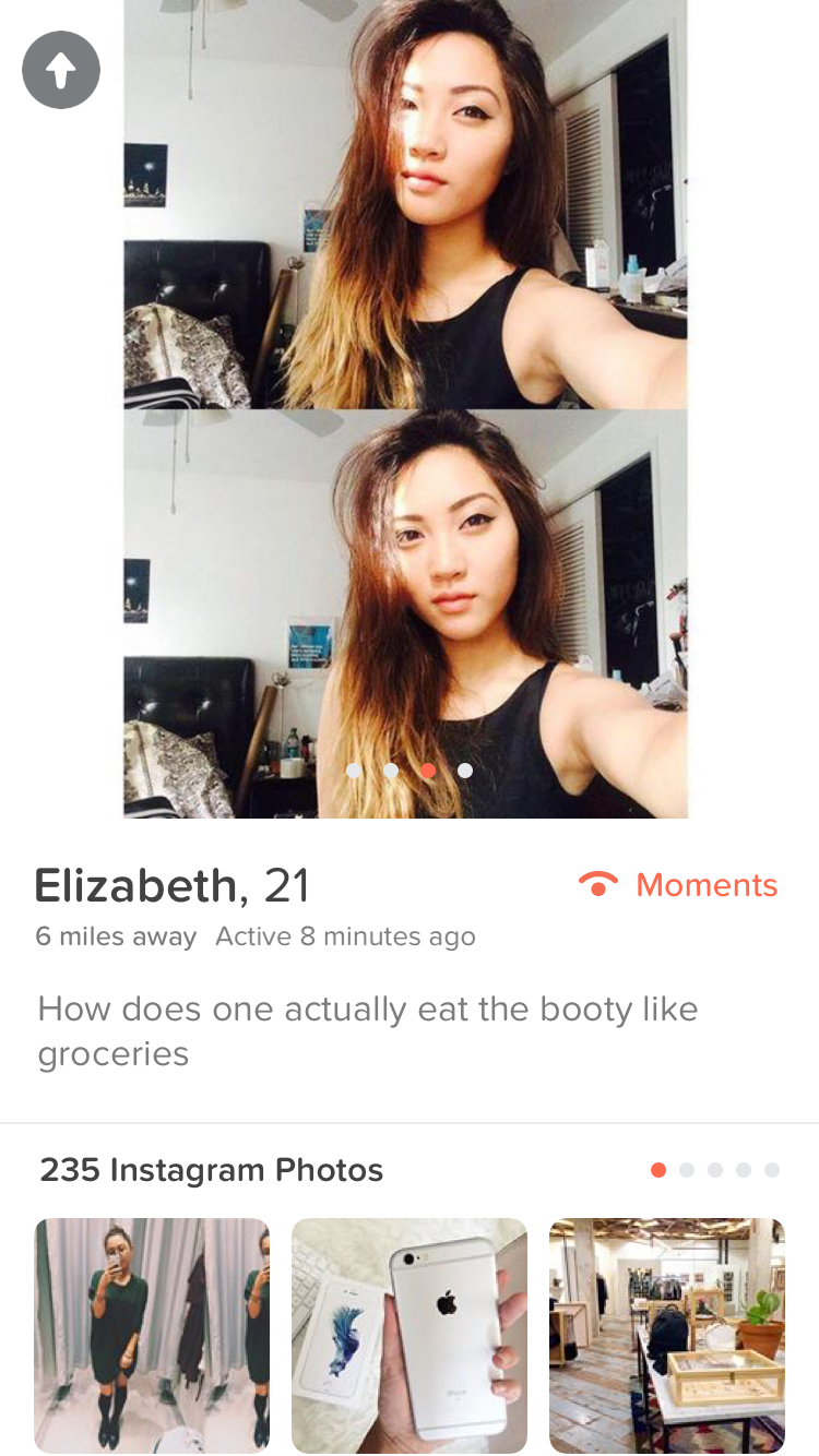 beauty - Moments Elizabeth, 21 6 miles away Active 8 minutes ago How does one actually eat the booty groceries 235 Instagram Photos