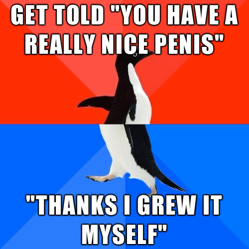 meme socially awkward penguin - Get Told "You Have A Really Nice Penis" "Thanks I Grew It Myself"