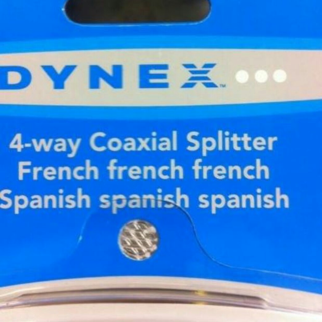 label - Dynex... 4way Coaxial Splitter French french french Spanish spanish spanish