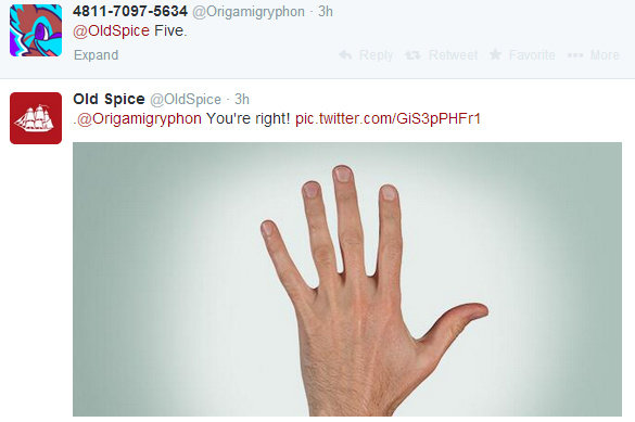 many fingers old spice - 481170975634 3h Five. Expand RetweetFavorite shore Old Spice 3h You're right! pic.twitter.comGiS3pPHFr1
