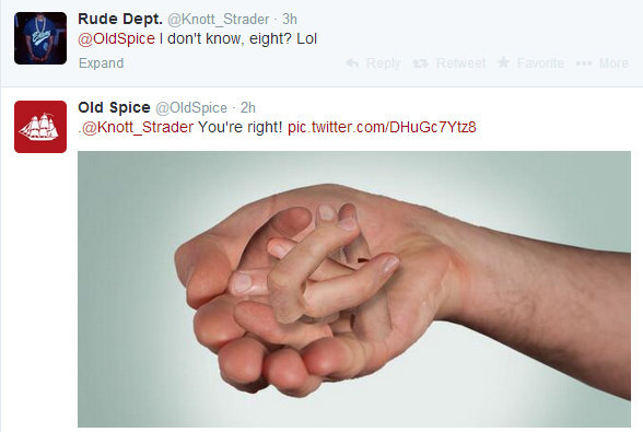 old spice how many fingers - Rude Dept. 3h Spice I don't know, eight? Lol Expand RetweetFavorite More Old Spice Spice 2h You're right! pic.twitter.comDHUGc7Ytz8