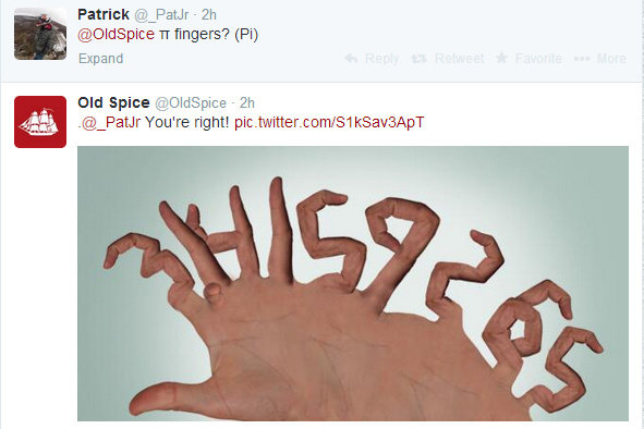pi hand sign - Patrick 2h Spice i fingers? Pi Expand ReweetFavorite More Old Spice 2h You're right! pic.twitter.comS1kSav3ApT Histas