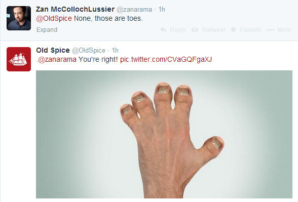 old spice - Zan McCollochLussier 1h None, those are toes. Expand RetweetFavorite More Old Spice Spice 1h You're right! pic.twitter.comCVaGQFgaXJ