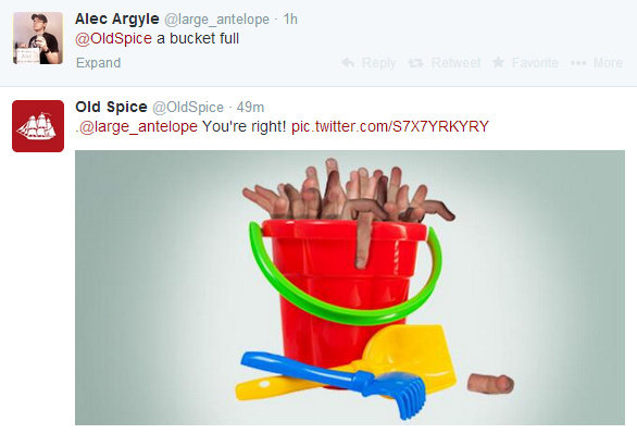 old spice - Alec Argyle 1h Spice a bucket full Expand R etweetFavorite More Old Spice Spice 49m You're right! pic.twitter.comS7X7YRKYRY