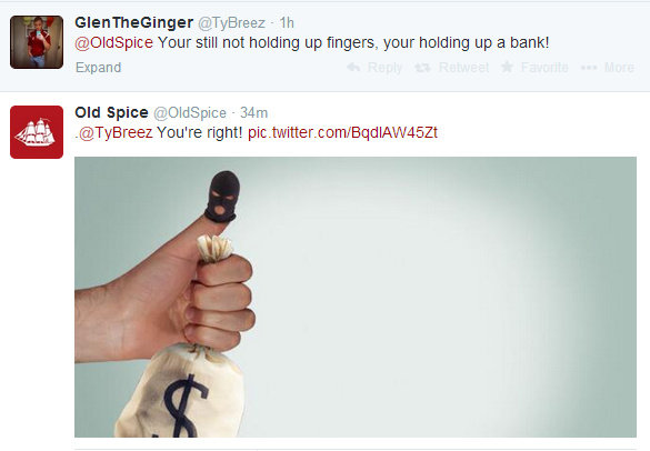 many fingers old spice - Glen TheGinger 1h Spice Your still not holding up fingers, your holding up a bank! Expand RetweetFavorite More Old Spice Spice 34m You're right! pic.twitter.comBqdIAW45Zt