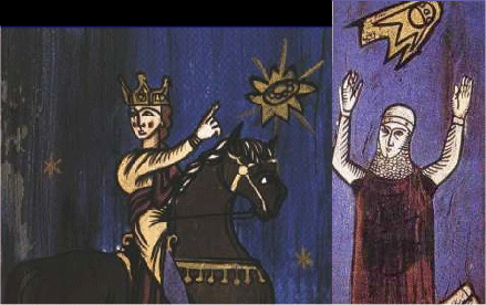 These images from the 12th century manuscript “Annales Laurissenses” depicts the Saxon siege of Sigiburg Castle, France, in the year 776. The Crusaders had the medieval French completely surrounded when the “flaming shields” suddenly appeared in the sky. Were they UFOs or some type of beings?