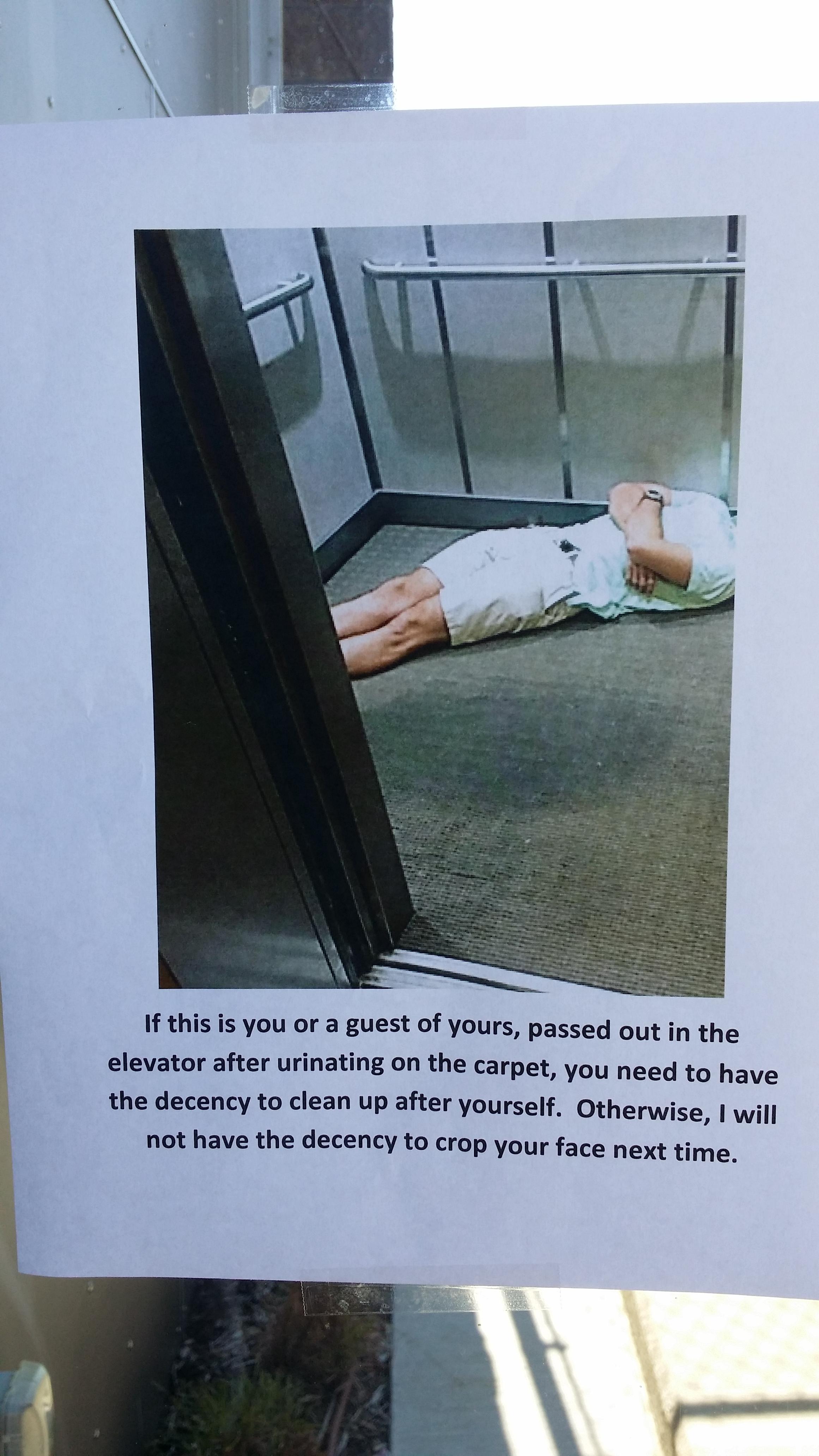 pee pants in elevator - If this is you or a guest of yours, passed out in the elevator after urinating on the carpet, you need to have the decency to clean up after yourself. Otherwise, I will not have the decency to crop your face next time.