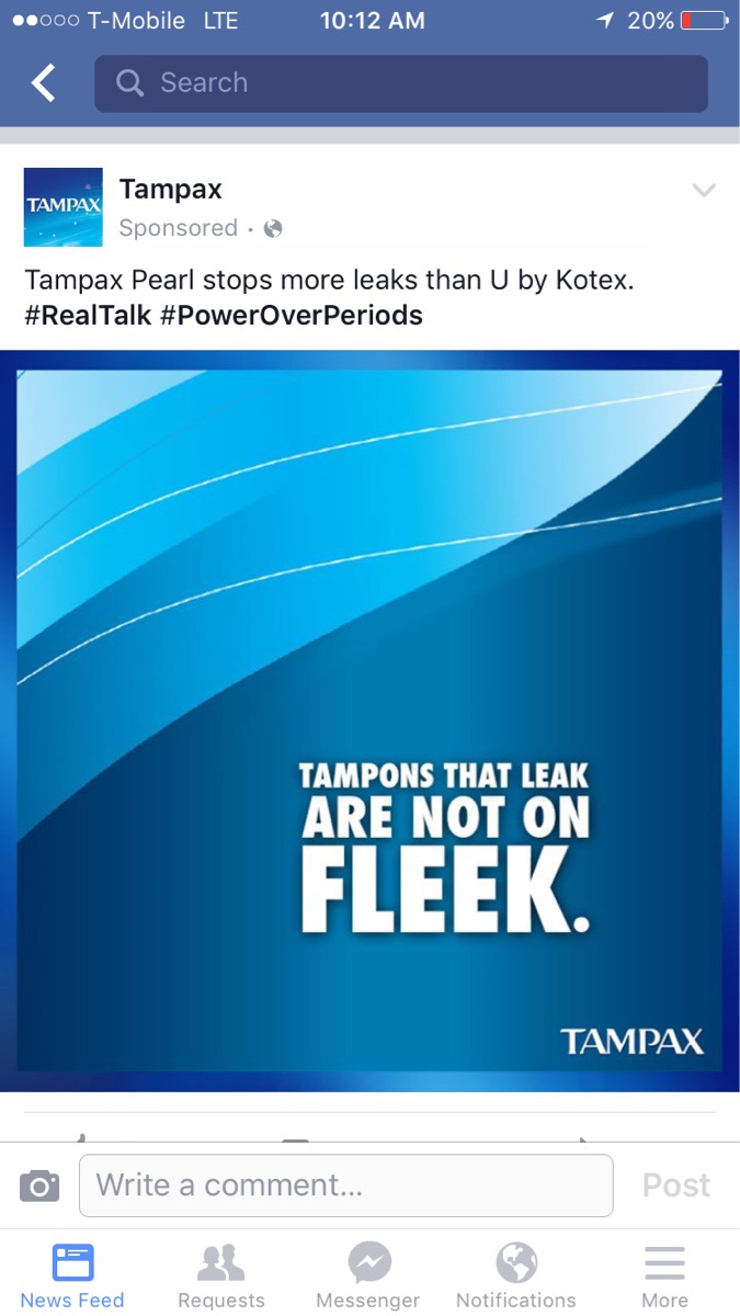 ipad tampon - .000 TMobile Lte 1 20% O Q Search Tampax Tampax Sponsored. Tampax Pearl stops more leaks than U by Kotex. Tampons That Leak Are Not On Fleek. Tampax o Write a comment... Post News Feed Requests Messenger Notifications More