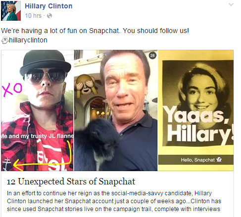 glasses - Hillary Clinton 10 hrs We're having a lot of fun on Snapchat. You should us! hillaryclinton Xo Yaaas, Hillary Me and my trusty Jl flannd Hello, Snapchat 12 Unexpected Stars of Snapchat In an effort to continue her reign as the socialmediasavvy c