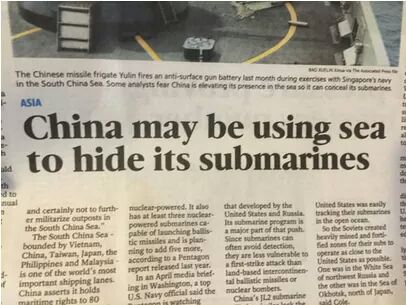random pic china may be using sea to hide its submarines - The Chinese missile frigate Yulin fires an antisurface gun battery last month during exercises with Singapore in the South China Sea Some s ts fear China is clearing its presence in the it can con