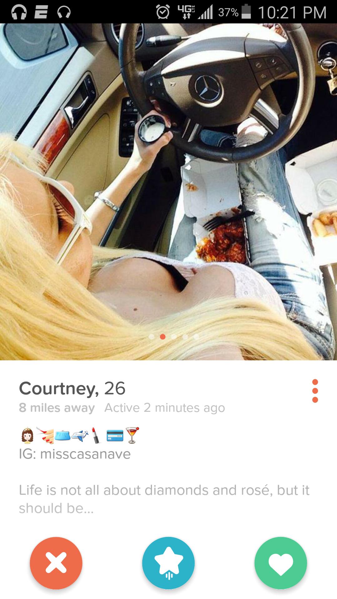 tinder - poster - De 0 49 11 37%. Courtney, 26 8 miles away Active 2 minutes ago Ig misscasanave Life is not all about diamonds and ros, but it should be...