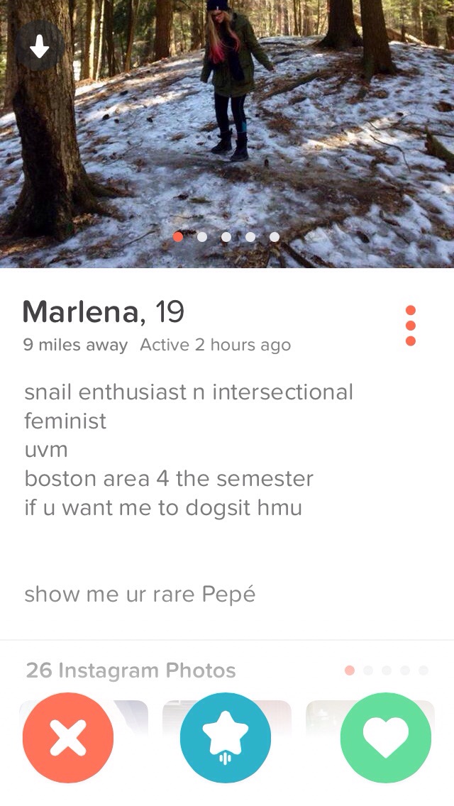 tinder - marlena tinder - Marlena, 19 9 miles away Active 2 hours ago snail enthusiast n intersectional feminist uvm boston area 4 the semester if u want me to dogsit hmu show me ur rare Pep 26 Instagram Photos @