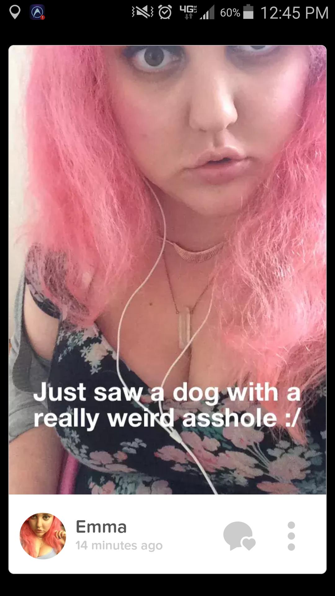 tinder - lip - No 46.60% Just saw a dog with a really weird asshole Emma 14 minutes ago