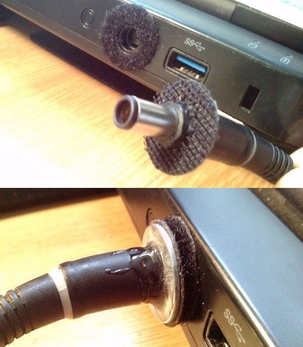 Laptop charger keep falling out? Use Velcro.
