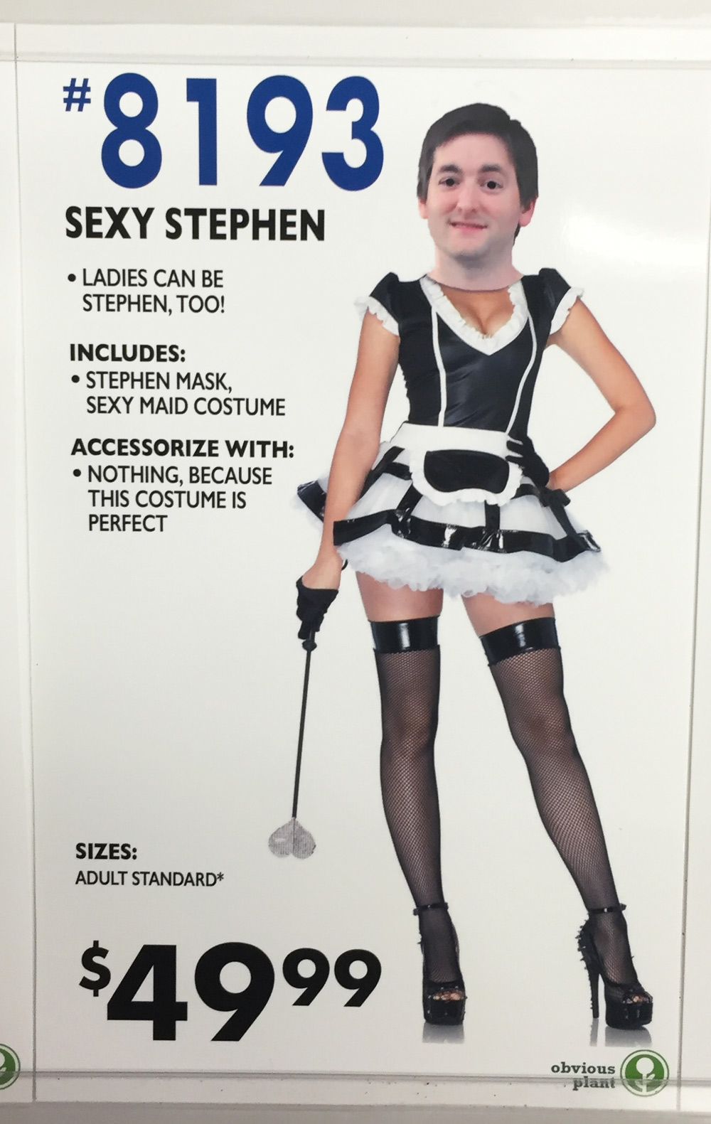 fake halloween costumes - Sexy Stephen Ladies Can Be Stephen, Too! Includes Stephen Mask, Sexy Maid Costume Accessorize With Nothing, Because This Costume Is Perfect Sizes Adult Standard $4999 obvious plant
