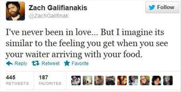funny comments on twitter - Zach Galifianakis I've never been in love... But I imagine its similar to the feeling you get when you see your waiter arriving with your food. t3 RetweetFavorite 187 445 Favorites W Isuso