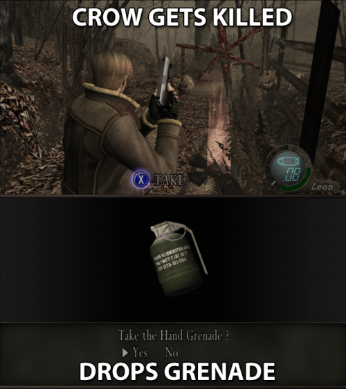 resident evil 4 meme - Crow Gets Killed Leon Take the Hand Grenade? Yes No Drops Grenade