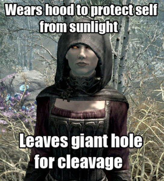 video game addiction meme - Wears hood to protect self from sunlight Leaves giant hole for cleavage