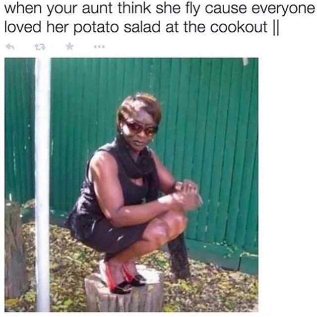 tweet - your aunt meme - when your aunt think she fly cause everyone loved her potato salad at the cookout ||