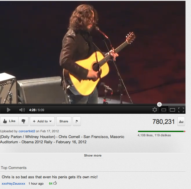 youtube song - 1 Add to 780,231 . Uploaded by concertkid2 on Dolly Parton Whitney Houston Chris Cornell San Francisco, Masonic Auditorium Obama 2012 Rally 4,108 , 119 dis Show more Top Chris is so bad ass that even his penis gets it's own mic! xxxHey Zeus