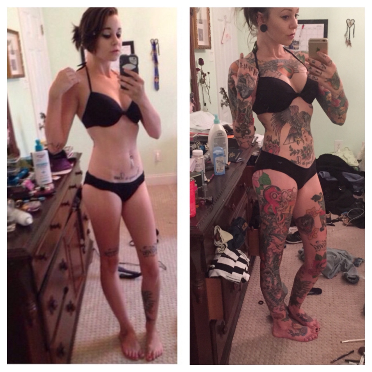 Before and after photos of the same girl showing how her tattoos progressed.