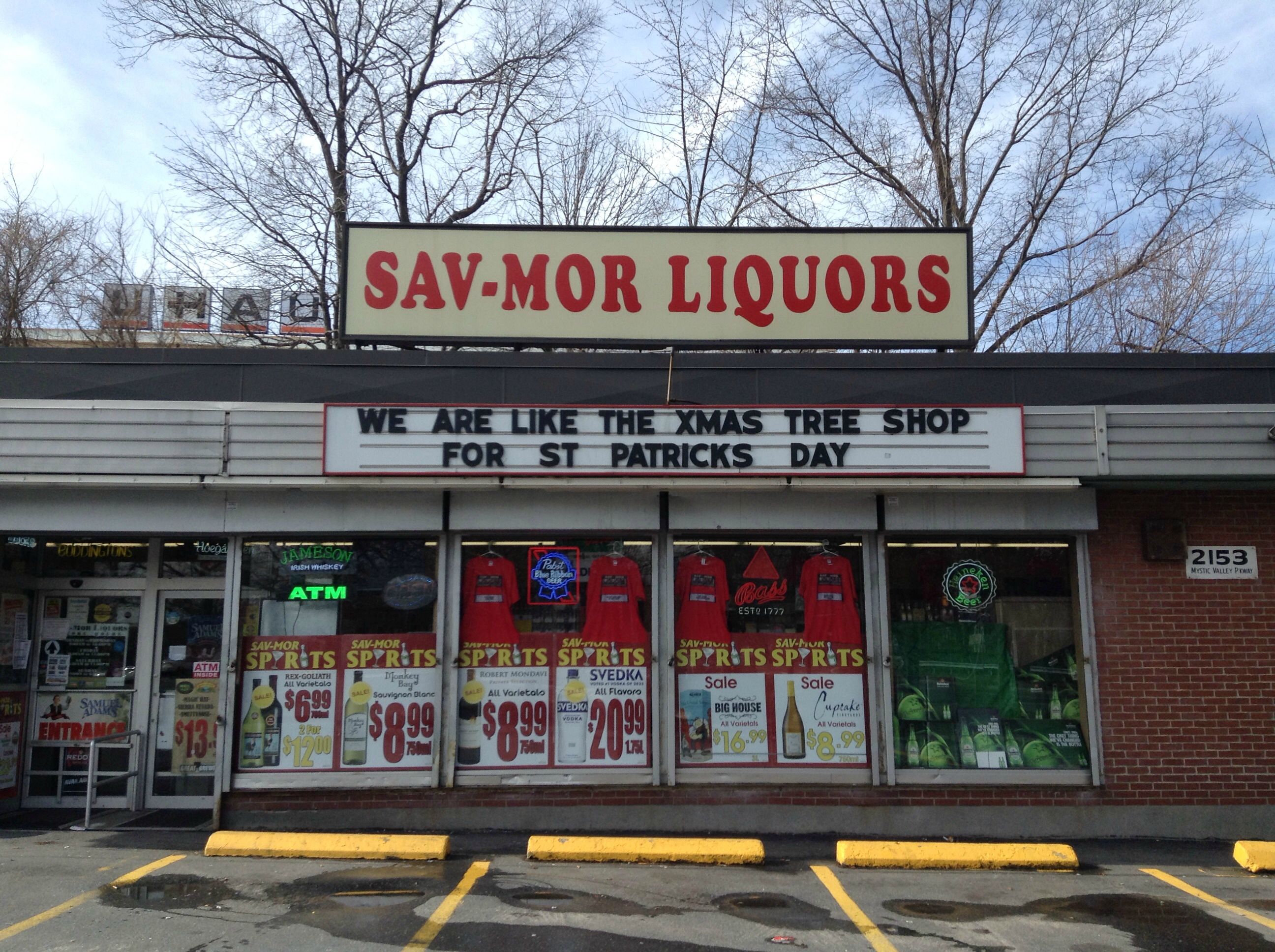 funny liquor store sign - SavMor Liquors We Are The Xmas Tree Shop For St Patricks Day 2153 Atm Spyrots Sports Spyru Spzrits Spirits Sprits She