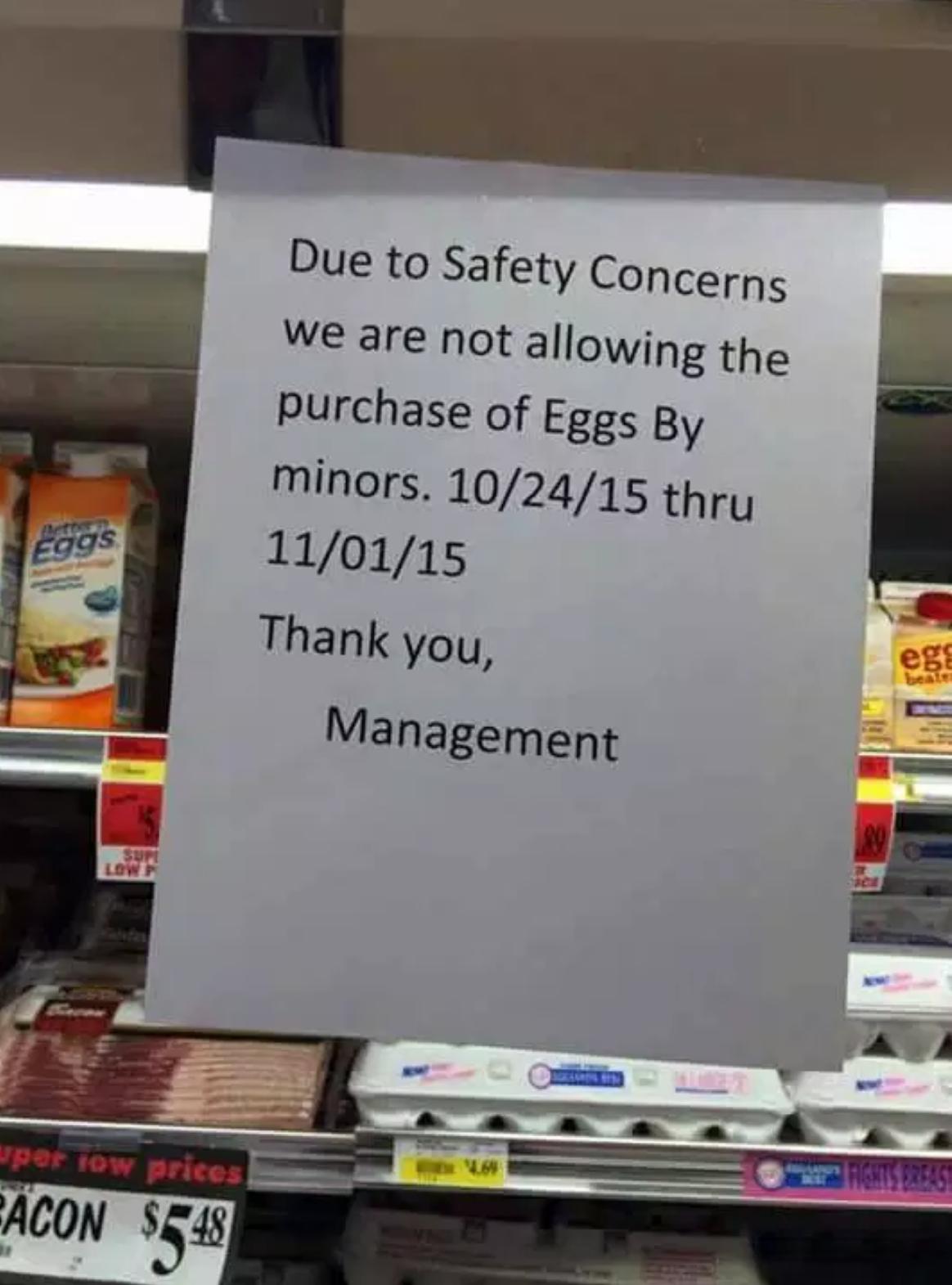 twitter - Due to Safety Concerns we are not allowing the purchase of Eggs By minors. 102415 thru 110115 Thank you, Management edas par tow prices Bacon $548