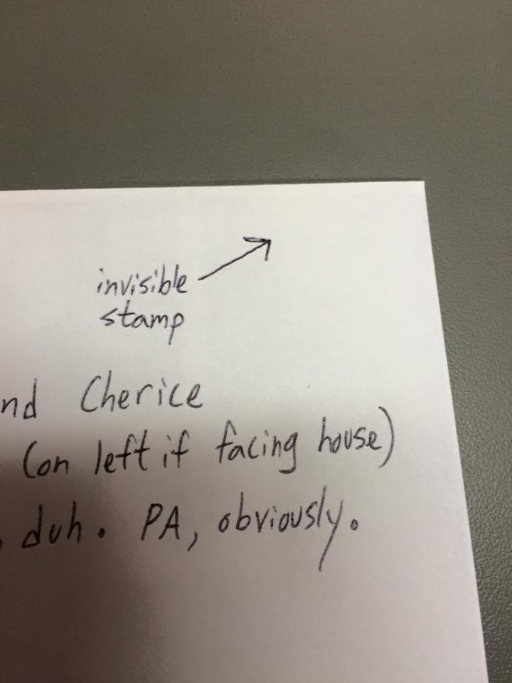 handwriting - invisible stamp and Cherice Con left if facing house duh. Pa, obviously.