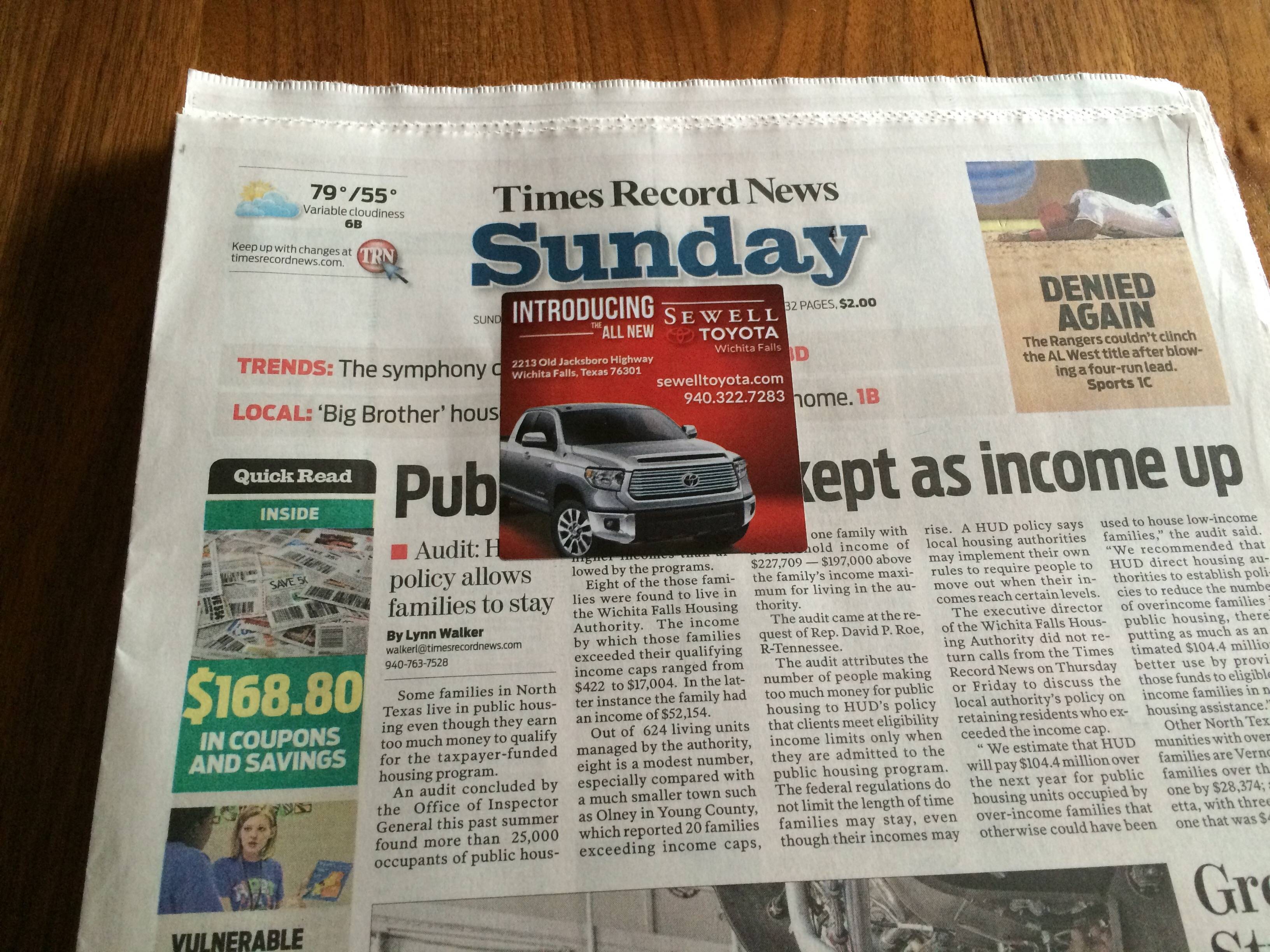 newspaper - 79"55 Times Record News Pe Sunday Introducing Se No Se We Es. All New Denied Again Toyota Trends The symphony Local 'Big Brother' hous sewelltoyota.com 940 3227283 home. 18 The Danger w inds the Al West infortunad Sports Vc Quick Rend Quick Re