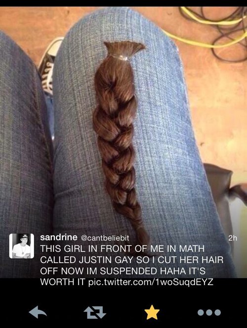 situations that escalated quickly - sandrine This Girl In Front Of Me In Math Called Justin Gay So I Cut Her Hair Off Now Im Suspended Haha It'S Worth It pic.twitter.com1wo SuqdEYZ