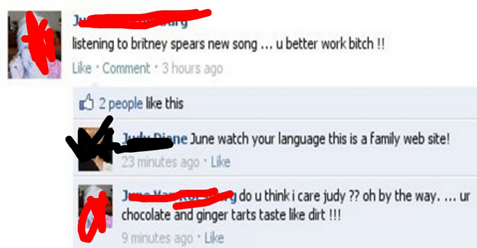 website - listening to britney spears new song ... u better work bitch !! Comment 3 hours ago 2 people this Nine June watch your language this is a family web site! 23 minutes ago. my do u think i care judy ?? oh by the way.... ur chocolate and ginger tar