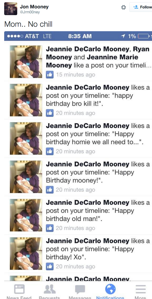 web page - Jon Mooney Mom.. No chill Sc At&T Lte 1% O Jeannie DeCarlo Mooney, Ryan Mooney and Jeannine Marie Mooney a post on your timeli 15 minutes ago Jeannie DeCarlo Mooney a post on your timeline "happy birthday bro kill it!". 20 minutes ago Jeannie D