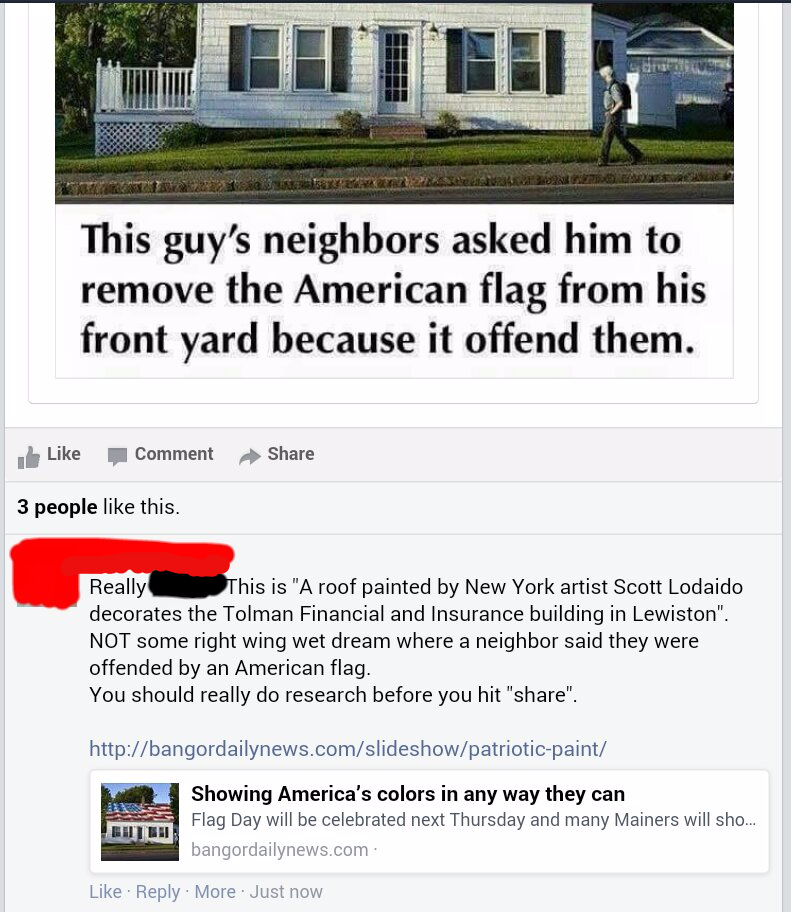 web page - This guy's neighbors asked him to remove the American flag from his front yard because it offend them. Comment 3 people this. Really This is "A roof painted by New York artist Scott Lodaido decorates the Tolman Financial and Insurance building 