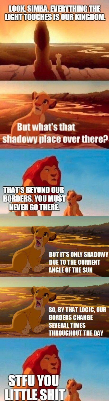 lion king meme - Look. Simba. Everything The Light Touches Is Our Kingdom But what's that shadowy place over there? Thats Beyond Our Borders You Must Never Go There But Its Only Shadowy Due To The Gesut Angle Of The Sun 50. By That Logic Cu Borders Change