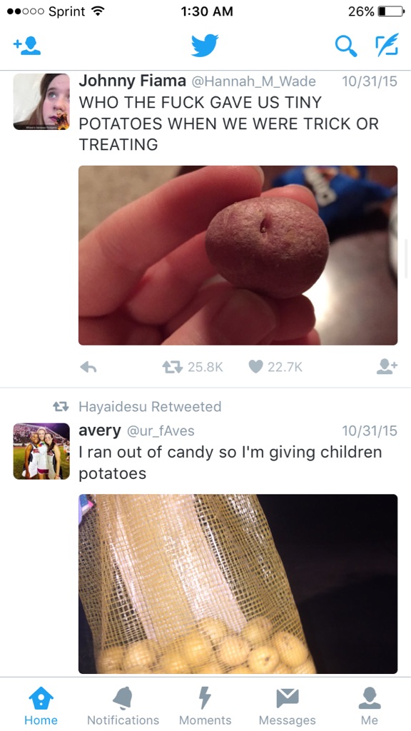 fucking potatoes - ".000 Sprint 26%D Q Te Johnny Fiama 103115 Who The Fuck Gave Us Tiny Potatoes When We Were Trick Or Treating 27 27 Hayaidesu Retweeted avery 103115 I ran out of candy so I'm giving children potatoes Home Notifications Moments Messages