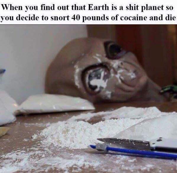 alien cocaine meme - When you find out that Earth is a shit planet so you decide to snort 40 pounds of cocaine and die