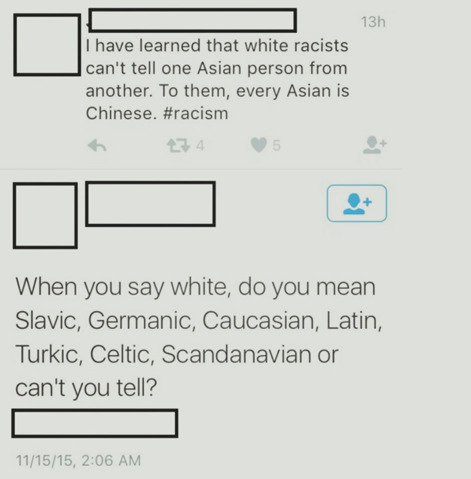 diagram - 13h I have learned that white racists can't tell one Asian person from another. To them, every Asian is Chinese. 6 474 5 When you say white, do you mean Slavic, Germanic, Caucasian, Latin, Turkic, Celtic, Scandanavian or can't you tell? 111515,