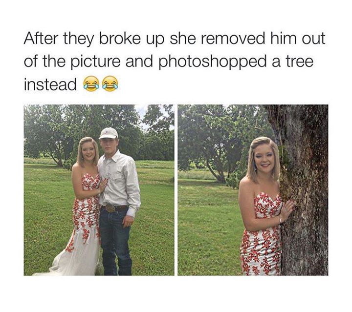 broke up - After they broke up she removed him out of the picture and photoshopped a tree instead 3