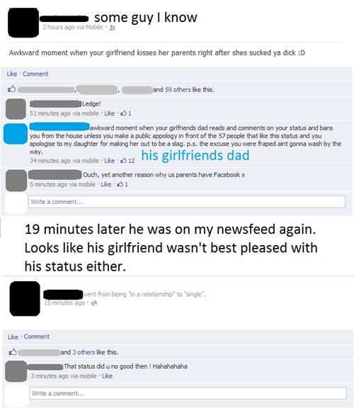 shaming facebook fake girlfriend fail - some guy I know 2 hours ago via Mobile Awkward moment when your girlfriend kisses her parents right after shes sucked ya dick D Comment and 59 others this. Ledge! 51 minutes ago via mobile 1 awkward moment when your