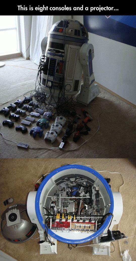 r2d2 console - This is eight consoles and a projector...