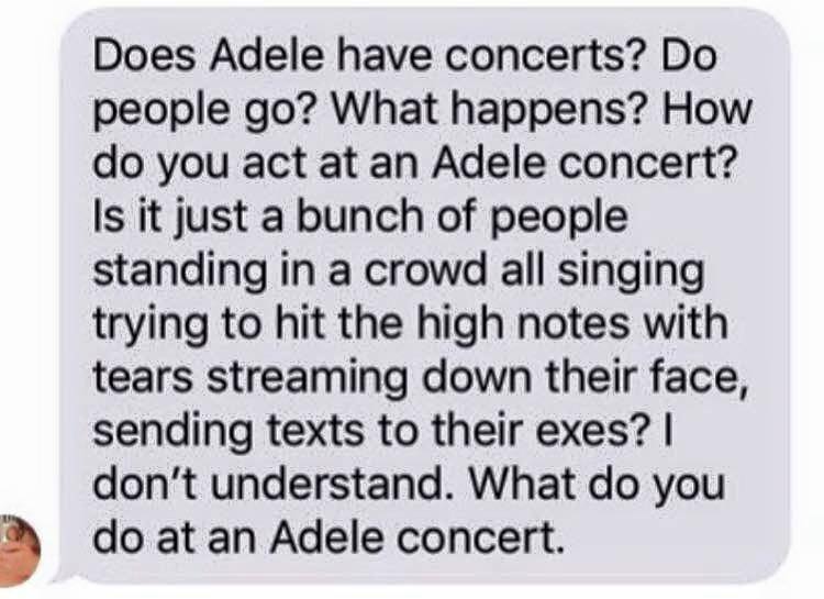 handwriting - Does Adele have concerts? Do people go? What happens? How do you act at an Adele concert? Is it just a bunch of people standing in a crowd all singing trying to hit the high notes with tears streaming down their face, sending texts to their 