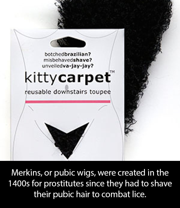 wtf pubic hair facts - botchedbrazilian? misbehavedshave? unveiledvajayjay? kittycarpet reusable downstairs toupee Merkins, or pubic wigs, were created in the 1400s for prostitutes since they had to shave their pubic hair to combat lice.
