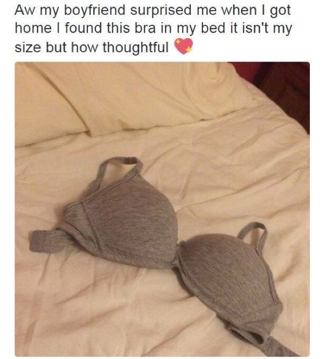 bra at home - Aw my boyfriend surprised me when I got home I found this bra in my bed it isn't my size but how thoughtful