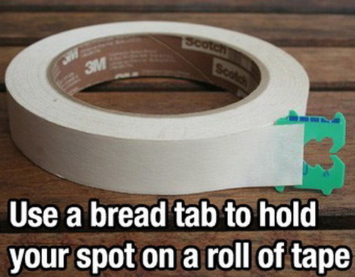 Life hack - Scotch Use a bread tab to hold your spot on a roll of tape