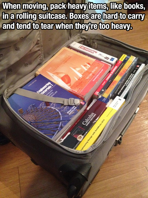 pack books in a suitcase - When moving, pack heavy items, books, in a rolling suitcase. Boxes are hard to carry and tend to tear when they're too heavy. 56 Calculus