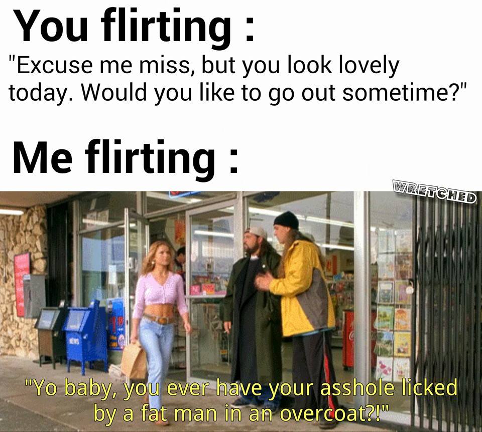 jay and silent bob d&d meme - You flirting "Excuse me miss, but you look lovely today. Would you to go out sometime?" Me flirting Wretched "Yo baby, you ever have your asshole licked by a fat man in an overcoat?!"
