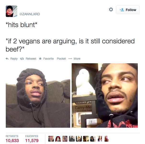 questions that make you question life - 9 hits blunt "if 2 vegans are arguing, is it still considered beef?" 13 RetweetFavorite Pocket More CarryMe 10,633 Favorites 11,579